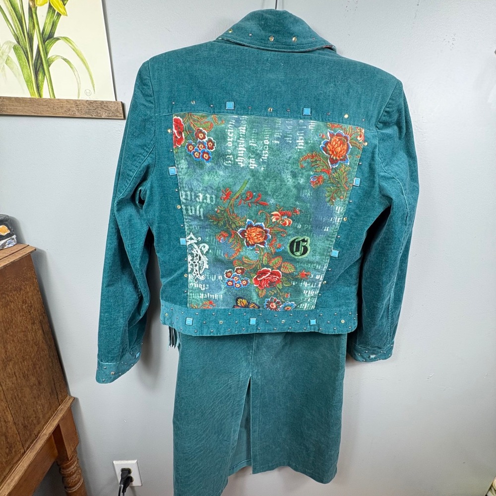 Vintage Teal Corduroy Western Fringe Skirt Set Embroidered Cowgirl 8/12 - Picture 8 of 16